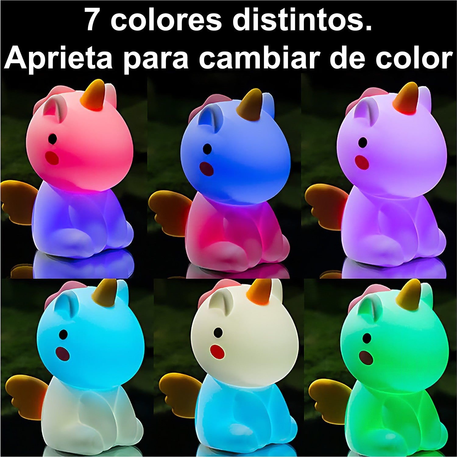 Infografía de la luz nocturna de unicornio mostrando los 7 colores distintos disponibles al presionar el botón