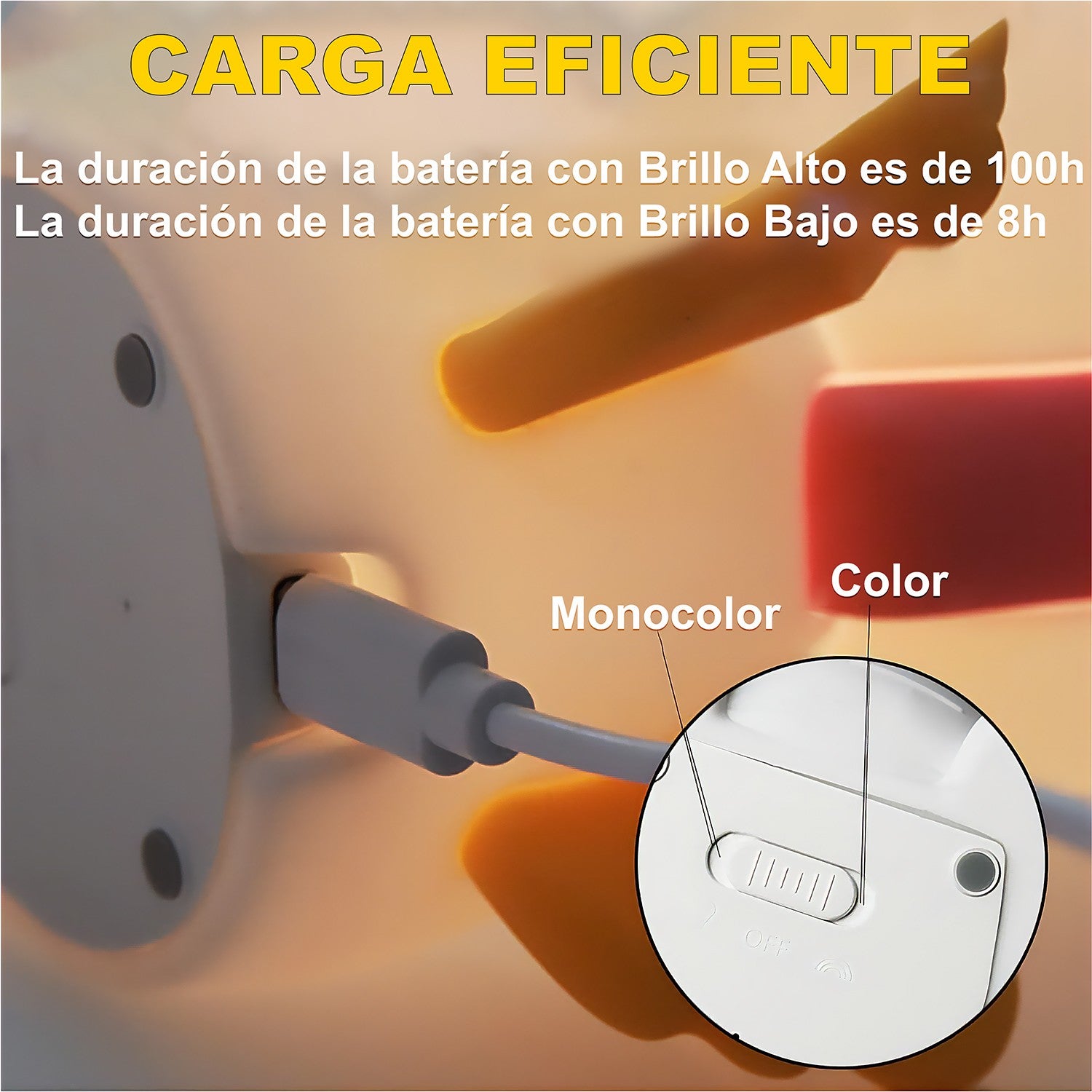 Infografía de carga eficiente con detalle del interruptor monocolor y multicolor de la luz nocturna de unicornio
