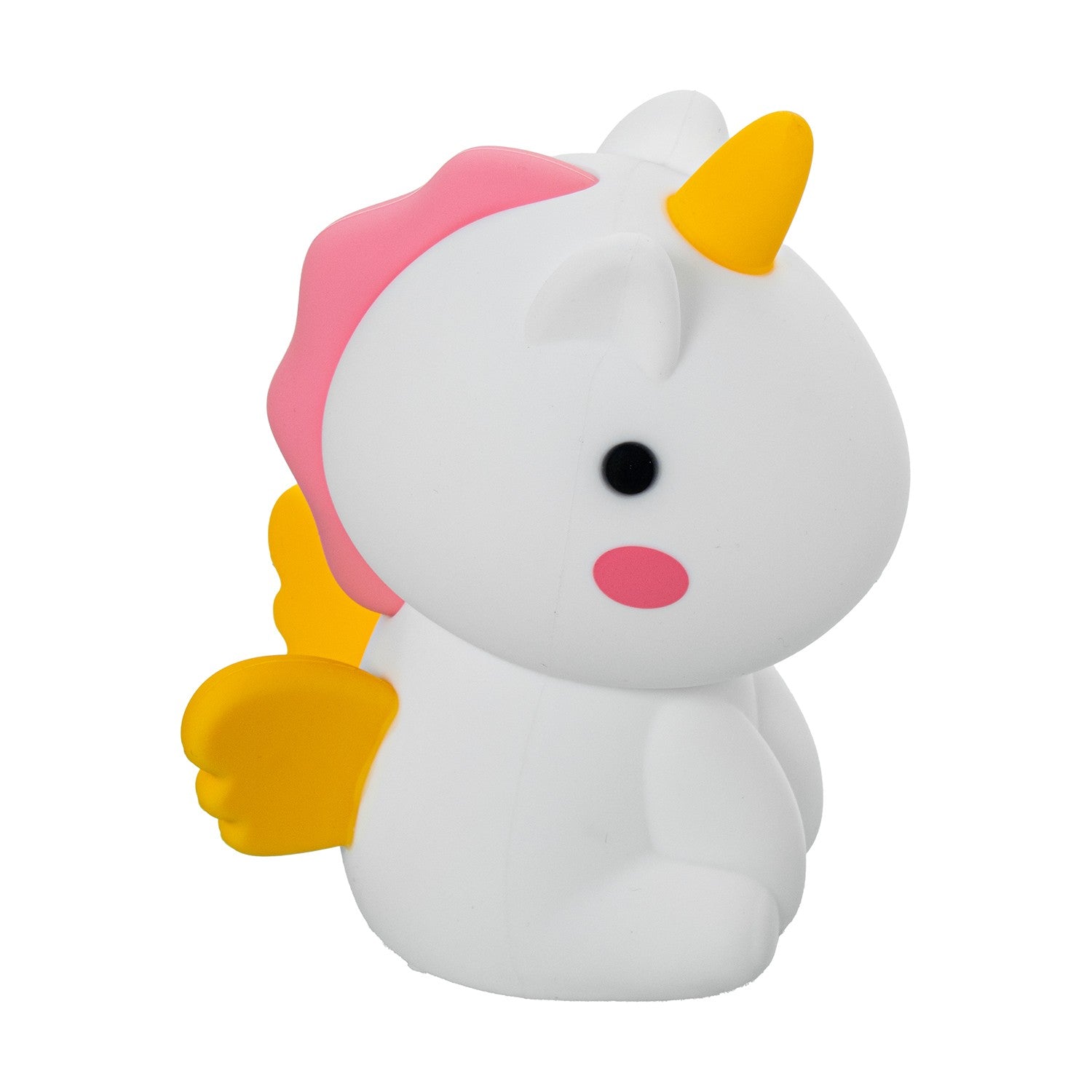 Luz nocturna con diseño de unicornio blanco, vista frontal mostrando su carita y alas doradas