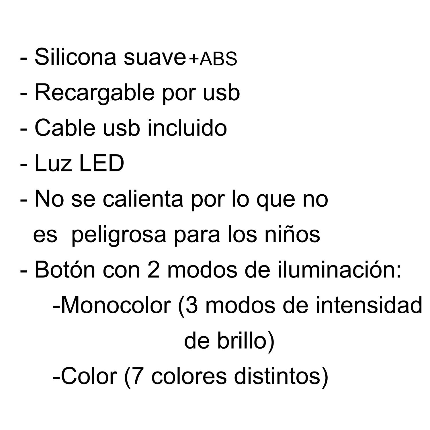 Lista de características de la luz nocturna de unicornio: silicona suave, recargable por USB, luz LED con modo monocolor y multicolor de 7 colores