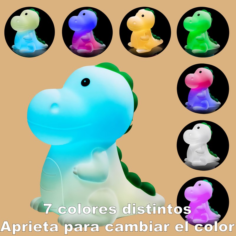 Infografía mostrando los 7 colores distintos de la luz nocturna de dinosaurio, cambia de color al presionar