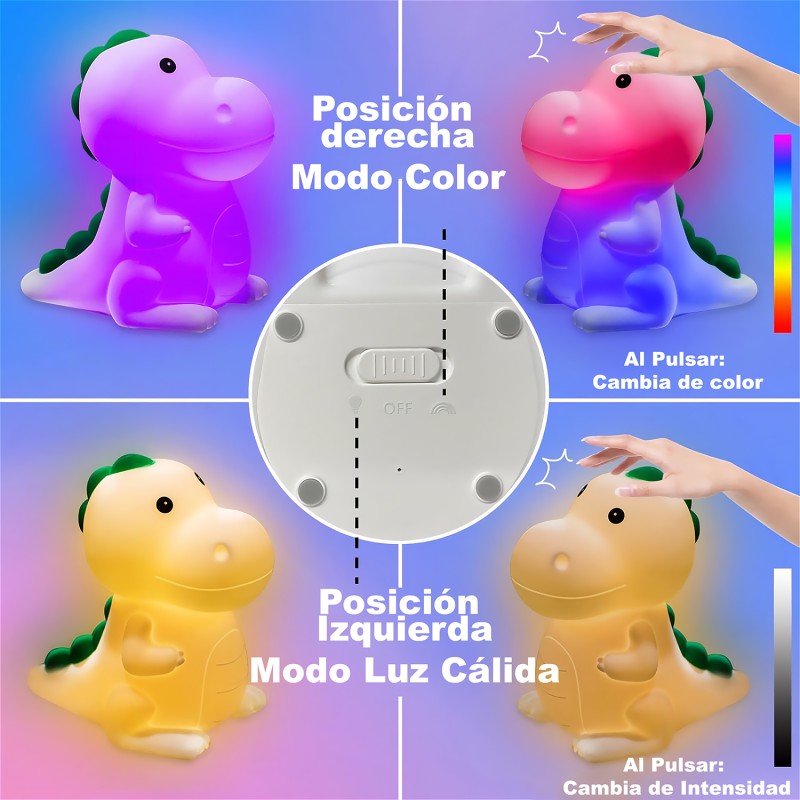 Infografía del interruptor con modo color y modo luz cálida de la lámpara de dinosaurio