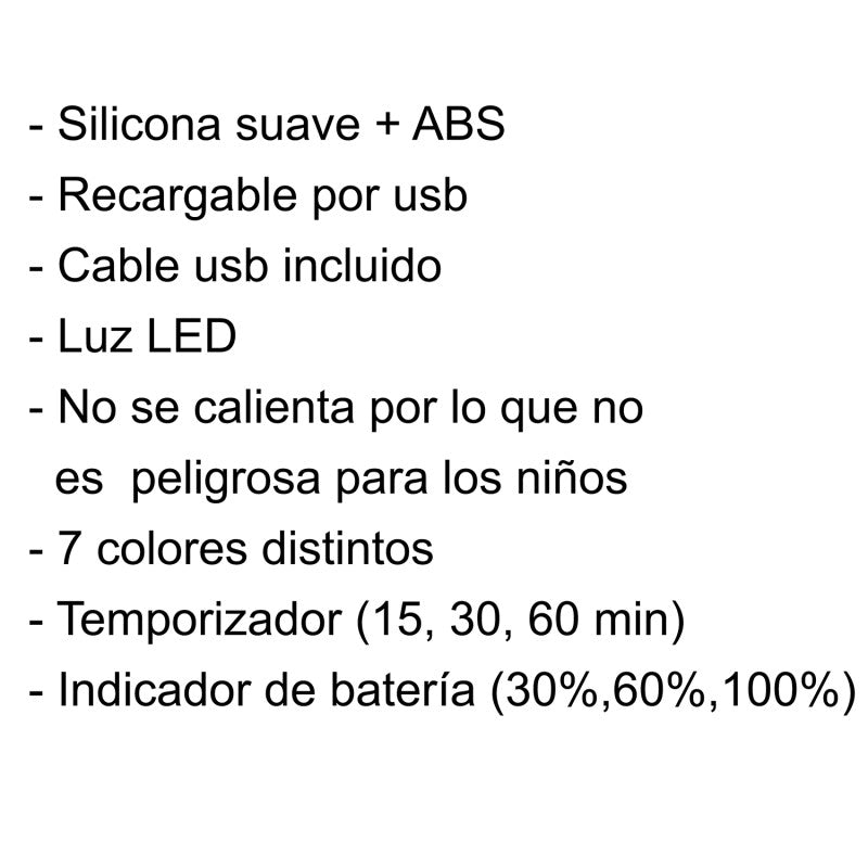 Lista de características de la luz nocturna: silicona suave, recargable por USB, 7 colores, temporizador e indicador de batería