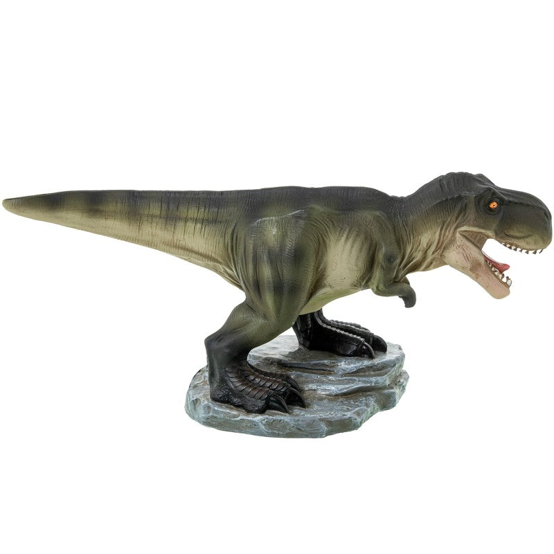 Lámpara LED con forma de Tyrannosaurus rex sobre base rocosa, vista lateral completa