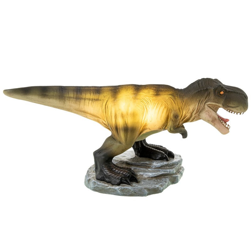Lámpara T-Rex encendida mostrando el brillo cálido de la luz LED interior