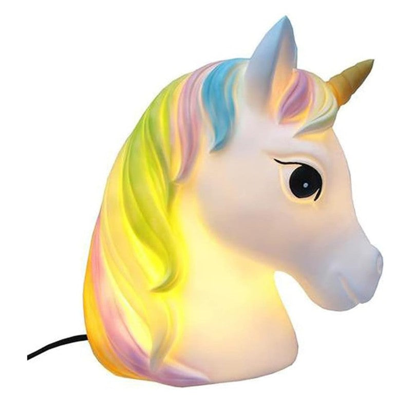 Lámpara unicornio encendida mostrando el brillo suave de la luz LED interior