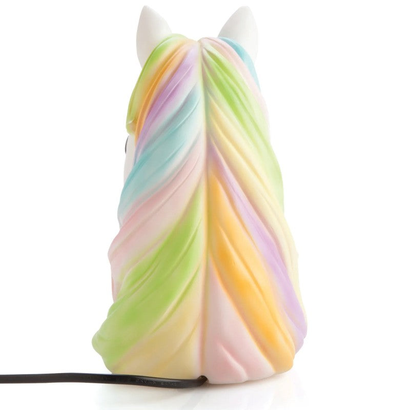 Vista trasera de la lámpara unicornio mostrando el detalle de la melena multicolor
