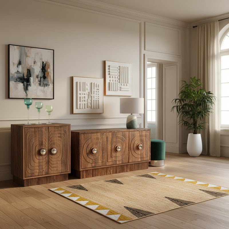 Alfombra de yute con triángulos en una sala de estar con muebles de madera