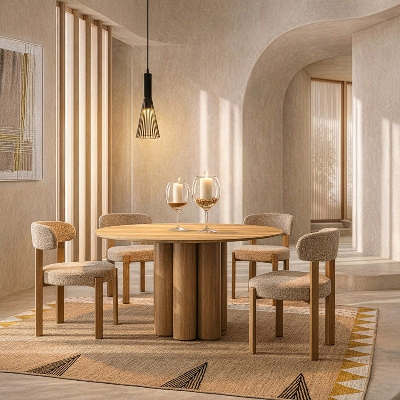 Alfombra de yute con triángulos en un comedor moderno con mesa redonda de madera