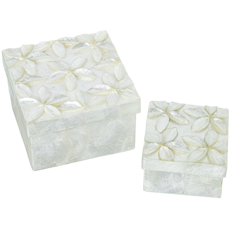 Set de 2 cajas de nácar blanco con flores en relieve, caja grande y pequeña juntas