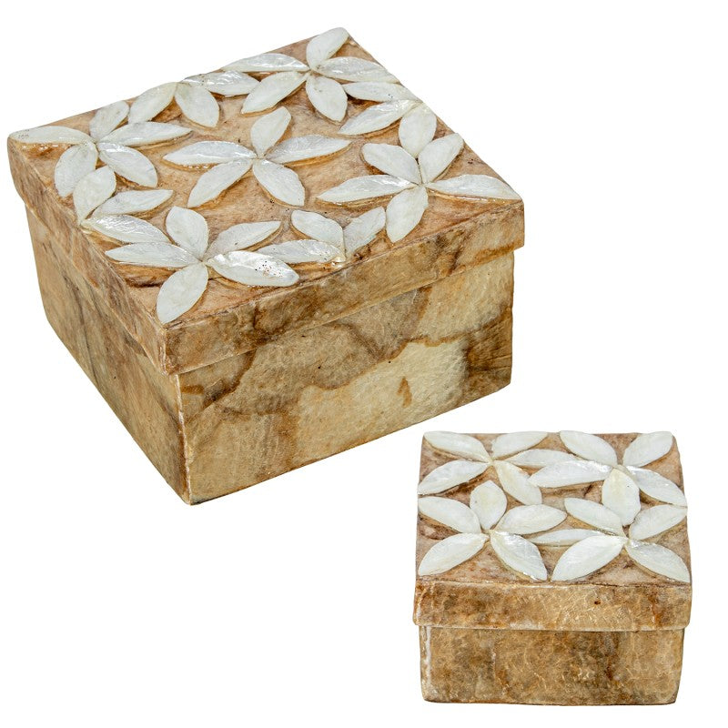 Set de 2 cajas decorativas de nácar con flores en relieve, caja grande y pequeña juntas