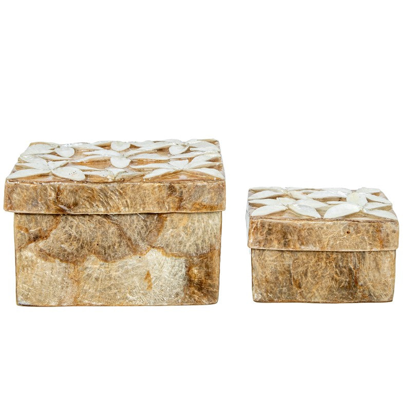 Set de dos cajas de nácar cerradas, tamaño grande y pequeño, vista frontal