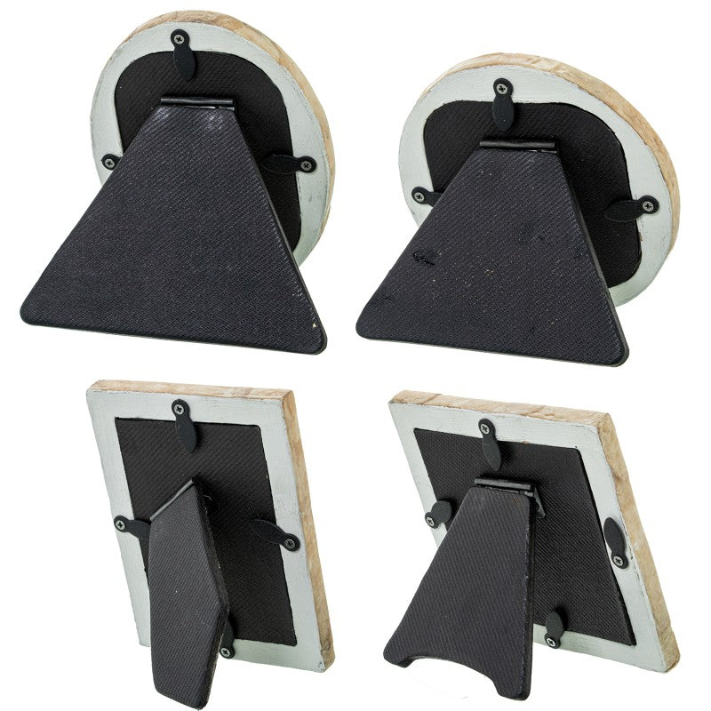 Parte trasera de los 4 mini portafotos mostrando los soportes de mesa abatibles