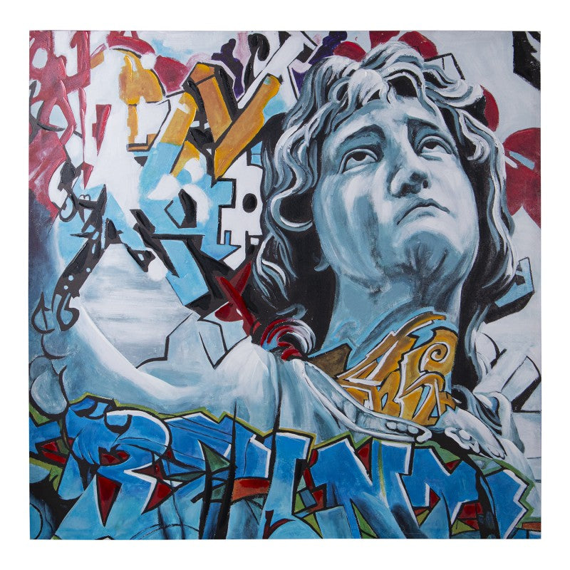 Cuadro lienzo que fusiona una estatua clásica con grafiti colorido de arte urbano, 115x115 cm
