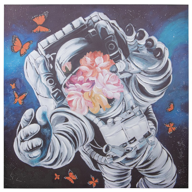 Cuadro lienzo de un astronauta con casco lleno de flores y mariposas sobre fondo azul, 100x100 cm