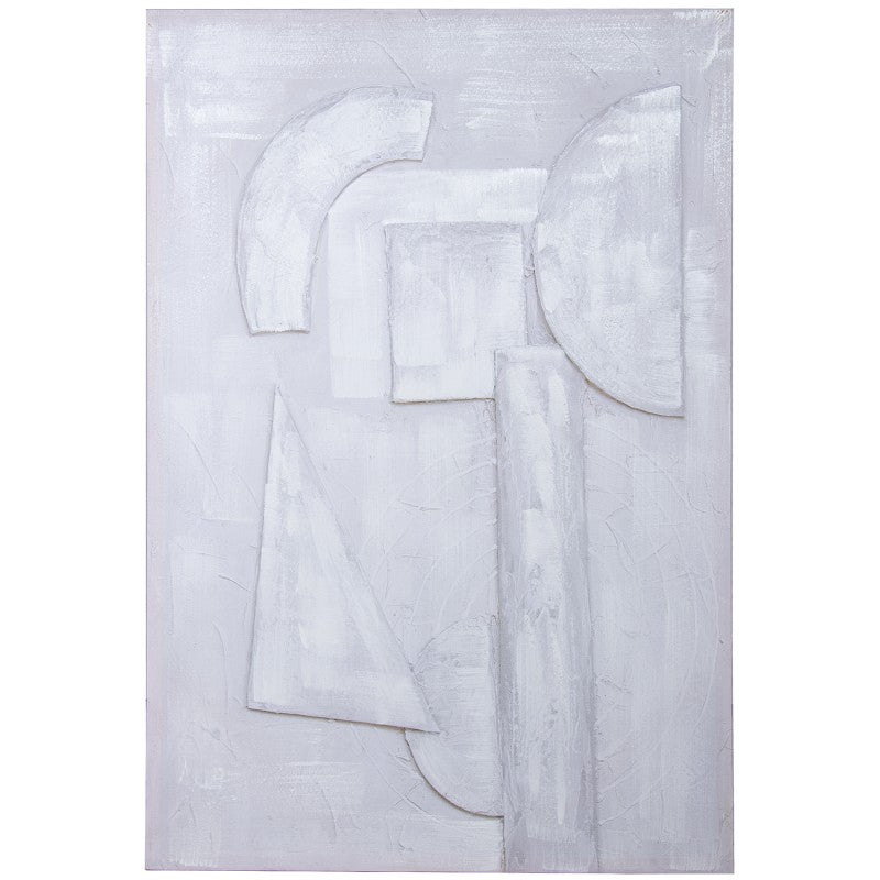 Cuadro lienzo abstracto en blanco con formas geométricas en relieve, 80x120 cm