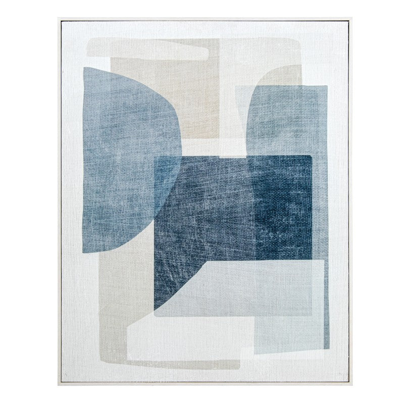 Cuadro lienzo abstracto con formas geométricas en azul y gris sobre fondo neutro, 80x100 cm