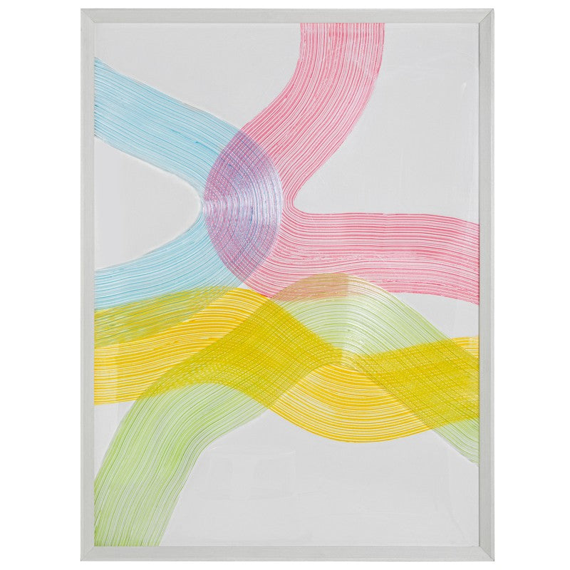 Cuadro lienzo abstracto con curvas en rosa, azul, amarillo y verde sobre fondo blanco, 90x120 cm
