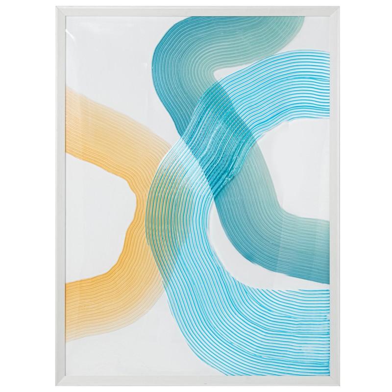 Cuadro lienzo abstracto con trazos curvos en azul y naranja sobre fondo blanco, 90x120 cm