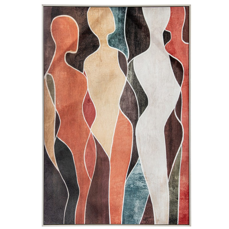 Cuadro lienzo con siluetas femeninas estilizadas en tonos tierra, ocre y crema, 80x120 cm