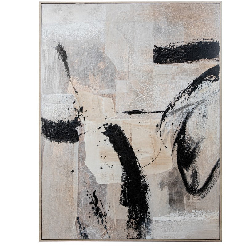 Cuadro lienzo abstracto con pinceladas negras intensas sobre fondo neutro, 90x120 cm