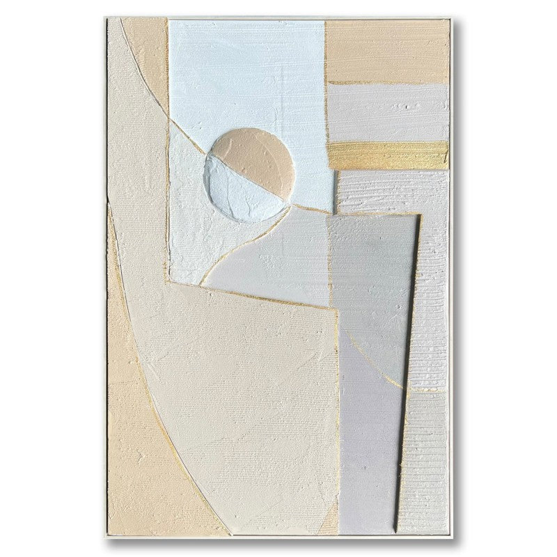 Cuadro lienzo abstracto geométrico en tonos beige, crema y azul suave con relieve, 80x120 cm