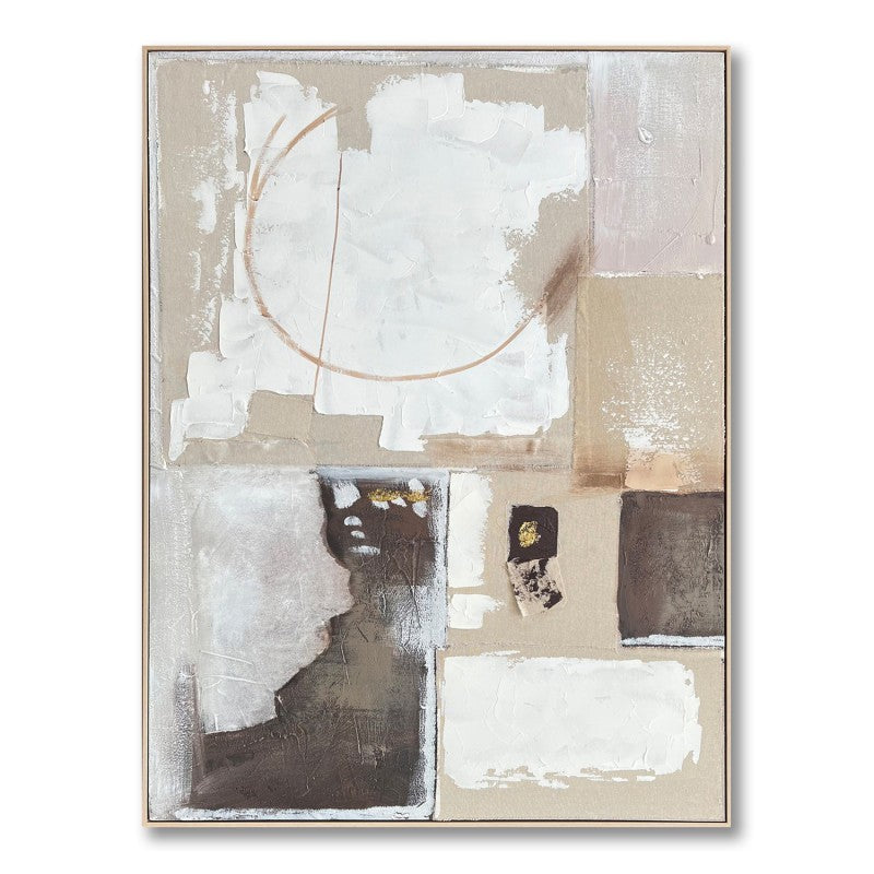 Cuadro lienzo abstracto en tonos beige, gris y crema con formas y texturas tipo collage, 90x120 cm