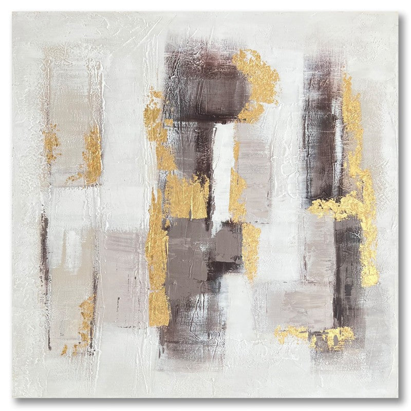 Cuadro lienzo abstracto con bloques en gris y taupe y detalles dorados, 120x120 cm