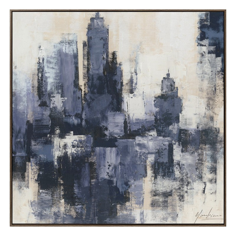 Cuadro lienzo abstracto tipo skyline urbano en tonos azul, gris y blanco, 120x120 cm