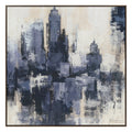 Cuadro lienzo abstracto tipo skyline urbano en tonos azul, gris y blanco, 120x120 cm