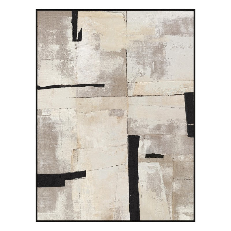 Cuadro lienzo abstracto con formas geométricas negras sobre fondo beige, 90x120 cm