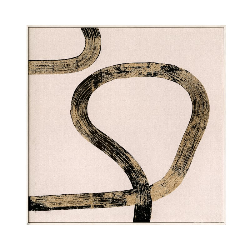 Cuadro lienzo abstracto con trazo negro curvo sobre fondo crema, 100x100 cm