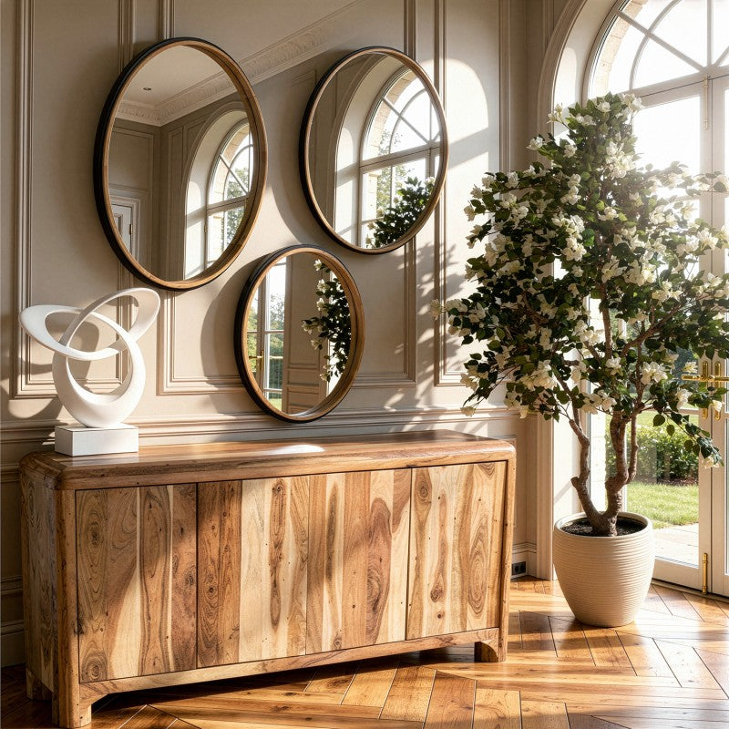 Espejos redondos de madera natural sobre consola de madera en recibidor luminoso