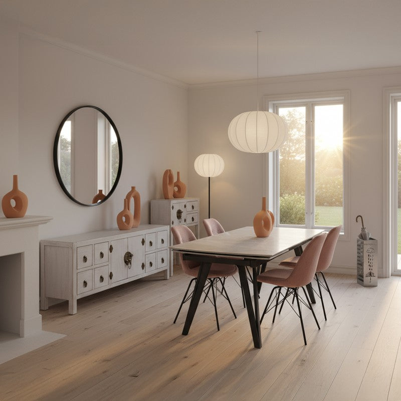 Lámpara de techo de algodón decorando un comedor de estilo bohemio junto a espejo y aparador