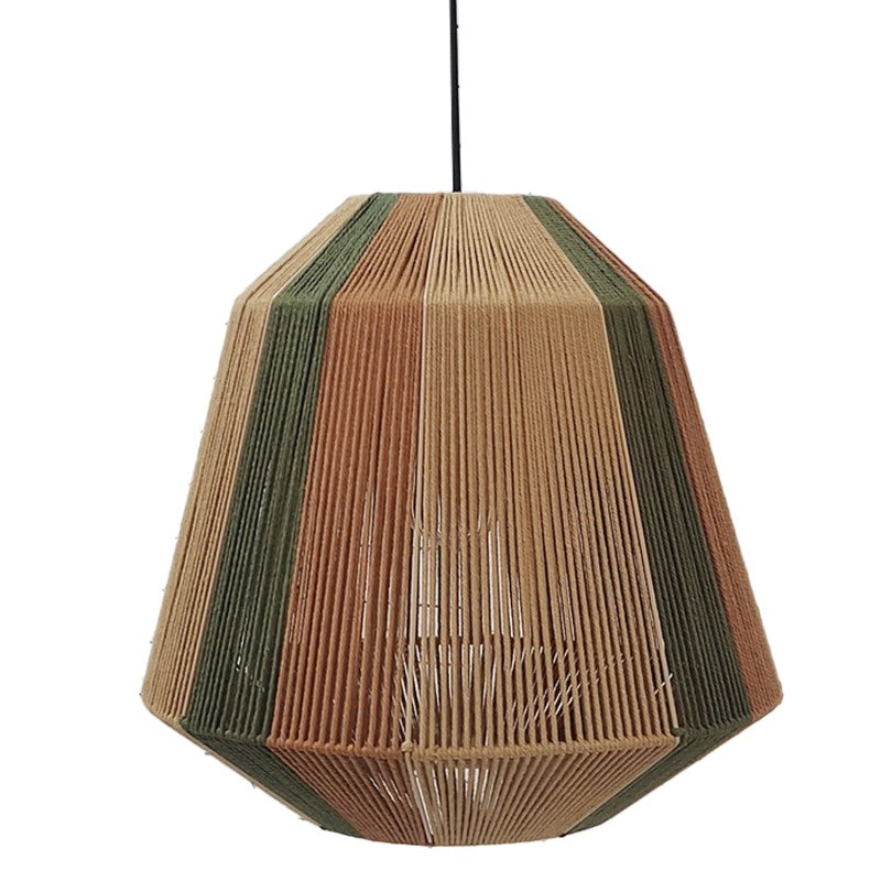 Lámpara de techo de cuerda tejida en tonos verde, terracota y beige con armazón de hierro geométrico