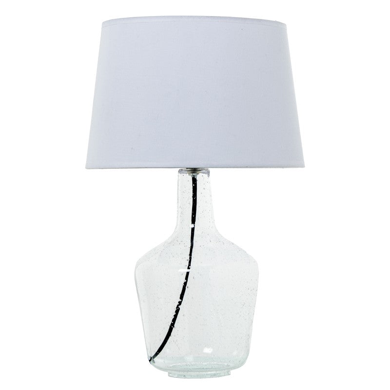 Lámpara de sobremesa con base de cristal soplado transparente y pantalla blanca