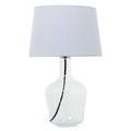 Lámpara de sobremesa con base de cristal soplado transparente y pantalla blanca