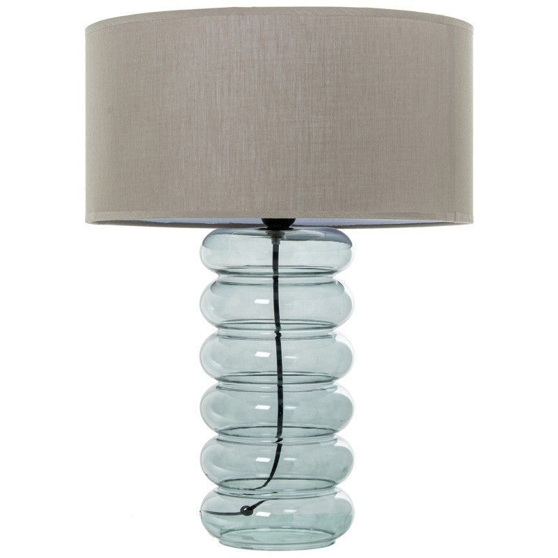Lámpara de sobremesa con base de cristal apilado de formas orgánicas y pantalla beige