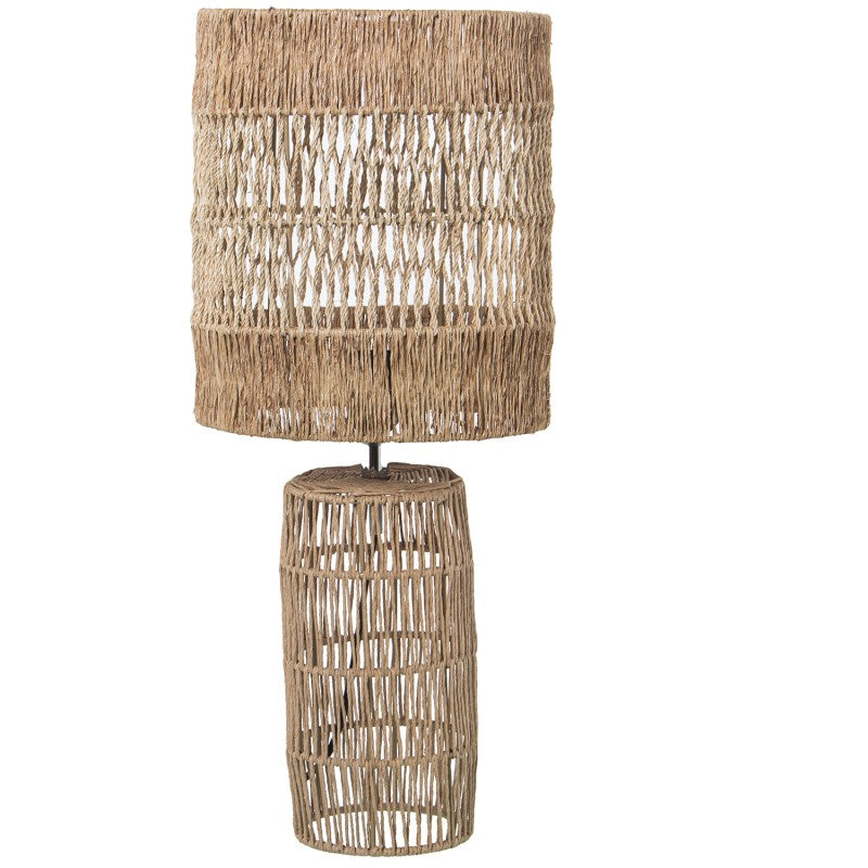Lámpara de sobremesa de yute natural con pantalla cilíndrica y base alta, ambas tejidas a mano, vista frontal
