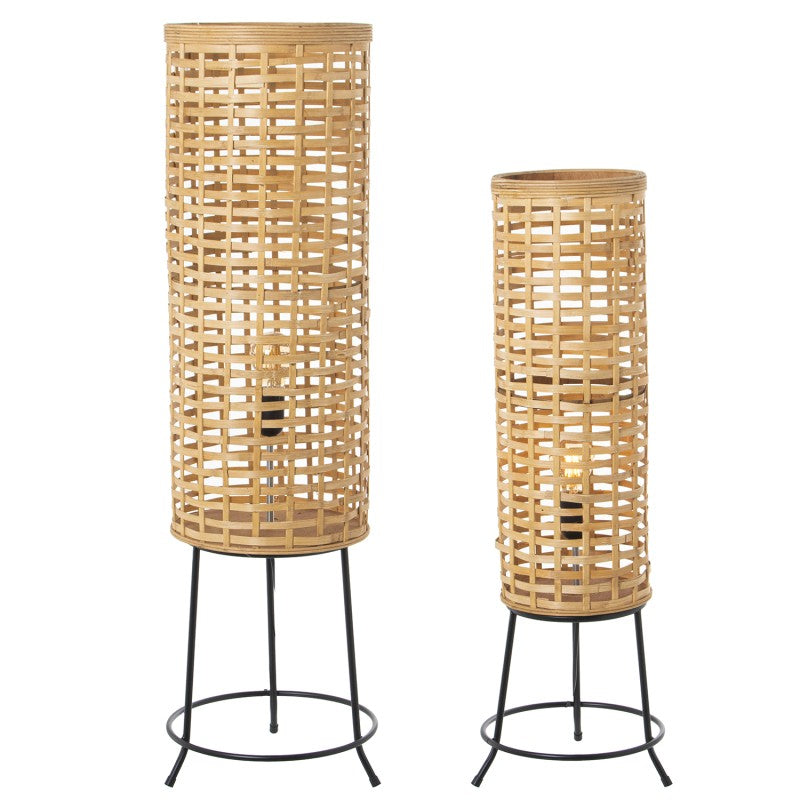 Set de 2 lámparas de suelo de bambú natural trenzado con base de metal negro, altura alta y baja