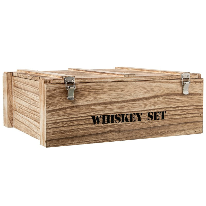 Caja de madera cerrada con cierres metálicos, grabada Whiskey Set
