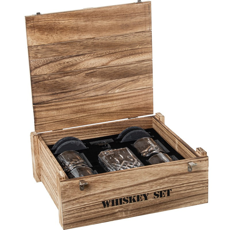 Caja de madera Whiskey Set abierta mostrando los vasos de cristal y las piedras enfriadoras