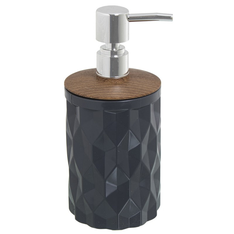 Dosificador de jabón acrílico gris con textura geométrica y tapa de madera