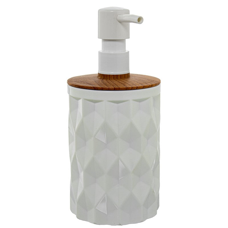 Dosificador de baño acrílico blanco, vista frontal con dispensador