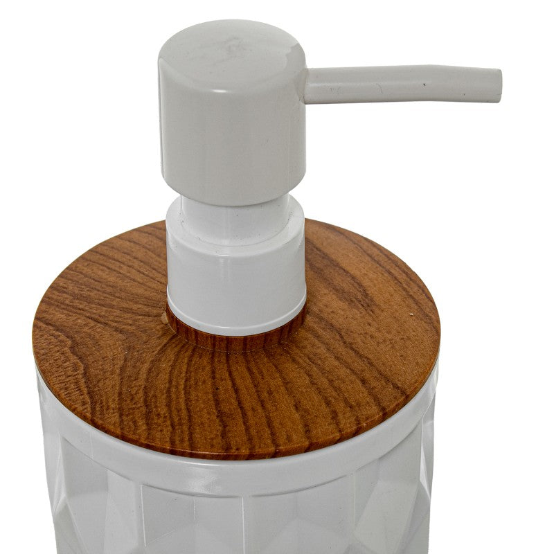 Detalle de la tapa efecto madera del dosificador de baño