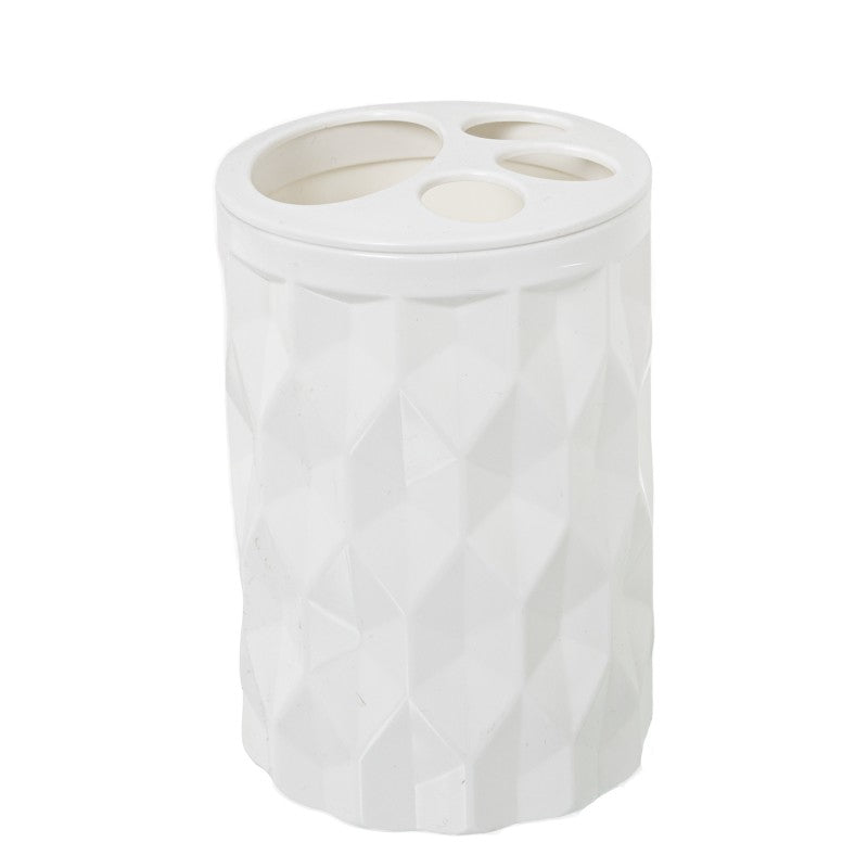 Vaso acrílico blanco con textura geométrica y tres compartimentos para cepillos de dientes
