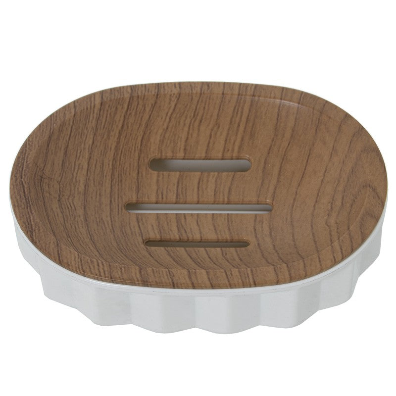 Jabonera oval con acabado imitación madera y ranuras de drenaje, borde blanco acrílico