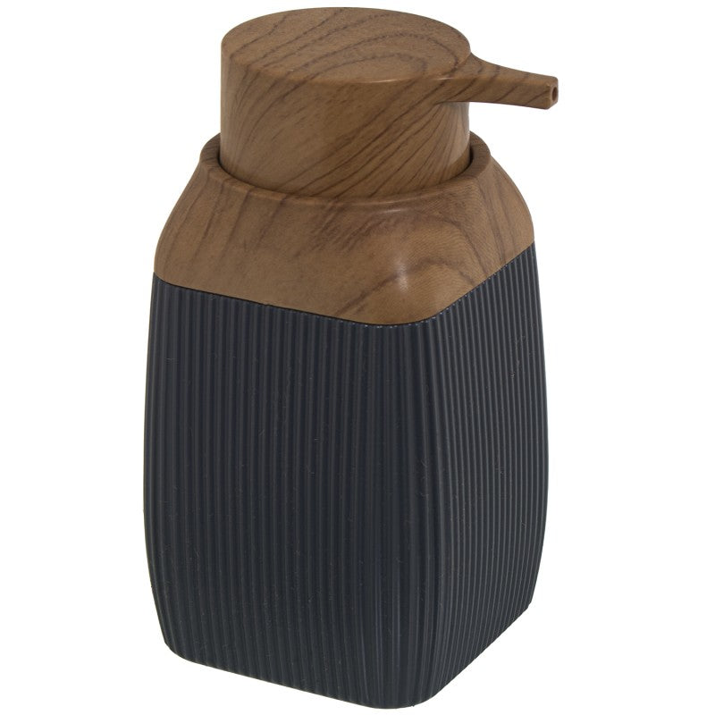 Dosificador de jabón acrílico gris con tapa de madera, vista frontal