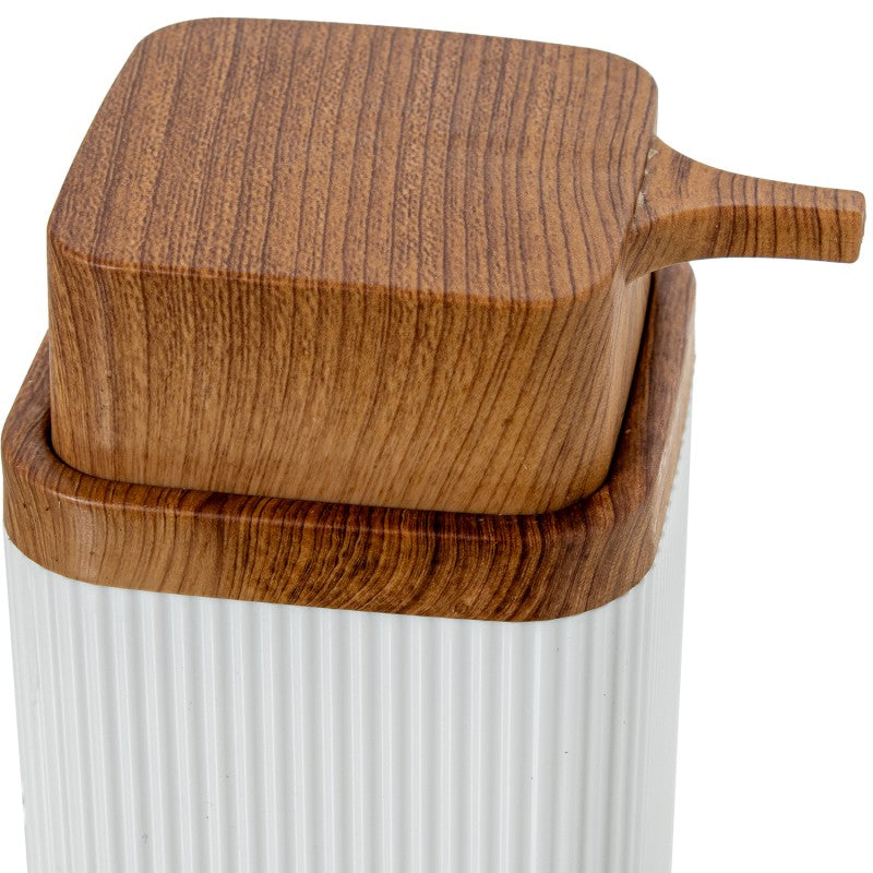 Vista superior de la tapa dispensadora en madera del dosificador de baño