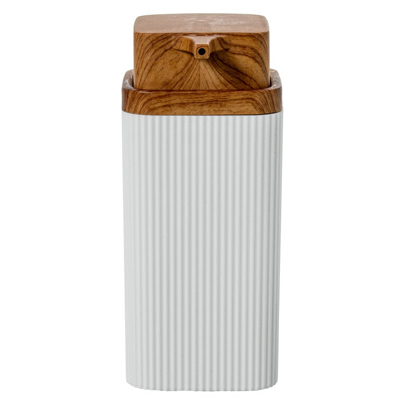 Dosificador de jabón acrílico blanco 7x7x15 cm con tapa de madera cerrada